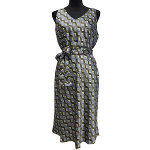 Wildfang The Empower Satin Slip Dress Womens Medium Blue Yellow Geometric Midi